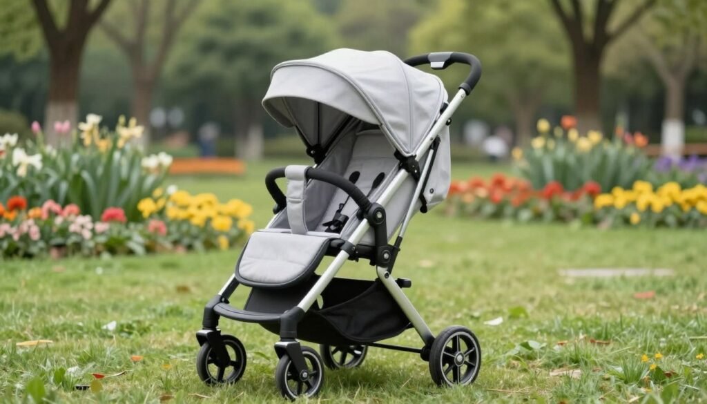 A sleek and modern Silver Cross Clic Compact Travel Stroller displayed prominently in the foreground, showcasing its unique features such as the lightweight frame and compact folding mechanism. The stroller is positioned at a slight angle to capture its stylish design, with elegant silver accents gleaming under soft, diffused natural light. In the middle ground, a lush park setting with vibrant green grass and colorful flowers creates a cheerful atmosphere, while in the background, a gentle blur of trees enhances the sense of an outdoor experience. The scene evokes a sense of convenience and practicality, ideal for busy parents on the go. The overall mood is inviting and serene, emphasizing the stroller's excellence in travel solutions for families.
