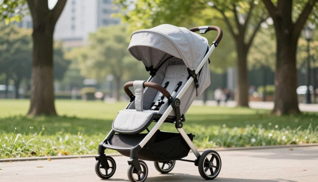 A sleek, modern Silver Cross Clic Compact Travel Stroller positioned prominently in the foreground, showcasing its elegant silver frame and stylish fabric in a soft gray hue. The stroller features a compact, foldable design with a cushioned seat and adjustable canopy, reflecting its blend of functionality and aesthetic appeal. In the middle ground, a serene urban park setting surrounds the stroller, with gently swaying trees and soft grass under a bright, sunny sky, casting dappled sunlight on the stroller. A shallow depth of field focuses sharply on the stroller while gently blurring the background, creating a clean, inviting atmosphere. The overall mood is tranquil and sophisticated, highlighting the stroller's modern design philosophy and its appeal to stylish parents on the go.